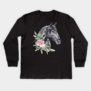 Floral Wild Horse Mustangs Animal Spirit Wildlife Rescue Kids Long Sleeve T-Shirt